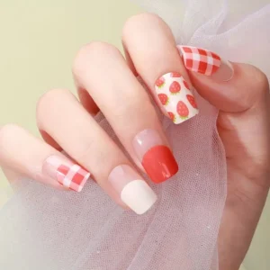Strawberry Gingham Gel Nails